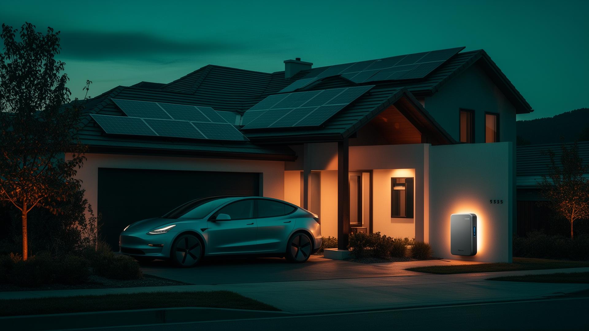 Home with solar panels, EV and home battery at dusk